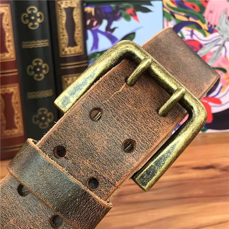 Genuine Leather Super Wide 4.2 CM Thick Genuine Leather Double Buckle Belt Size ONE SIZE - 4 Thumbnail