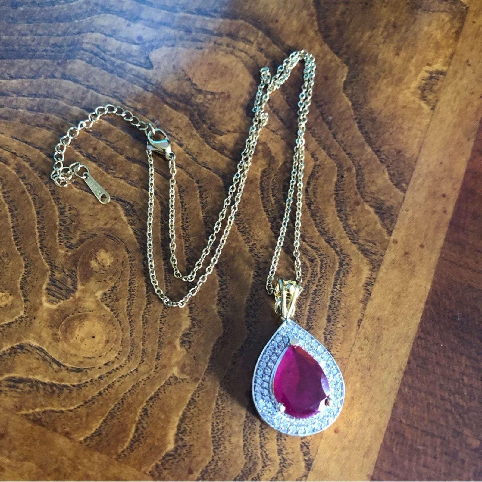 Vintage Teardrop natural oriental ruby cz halo gold vermeil pendant Size ONE SIZE - 4 Thumbnail