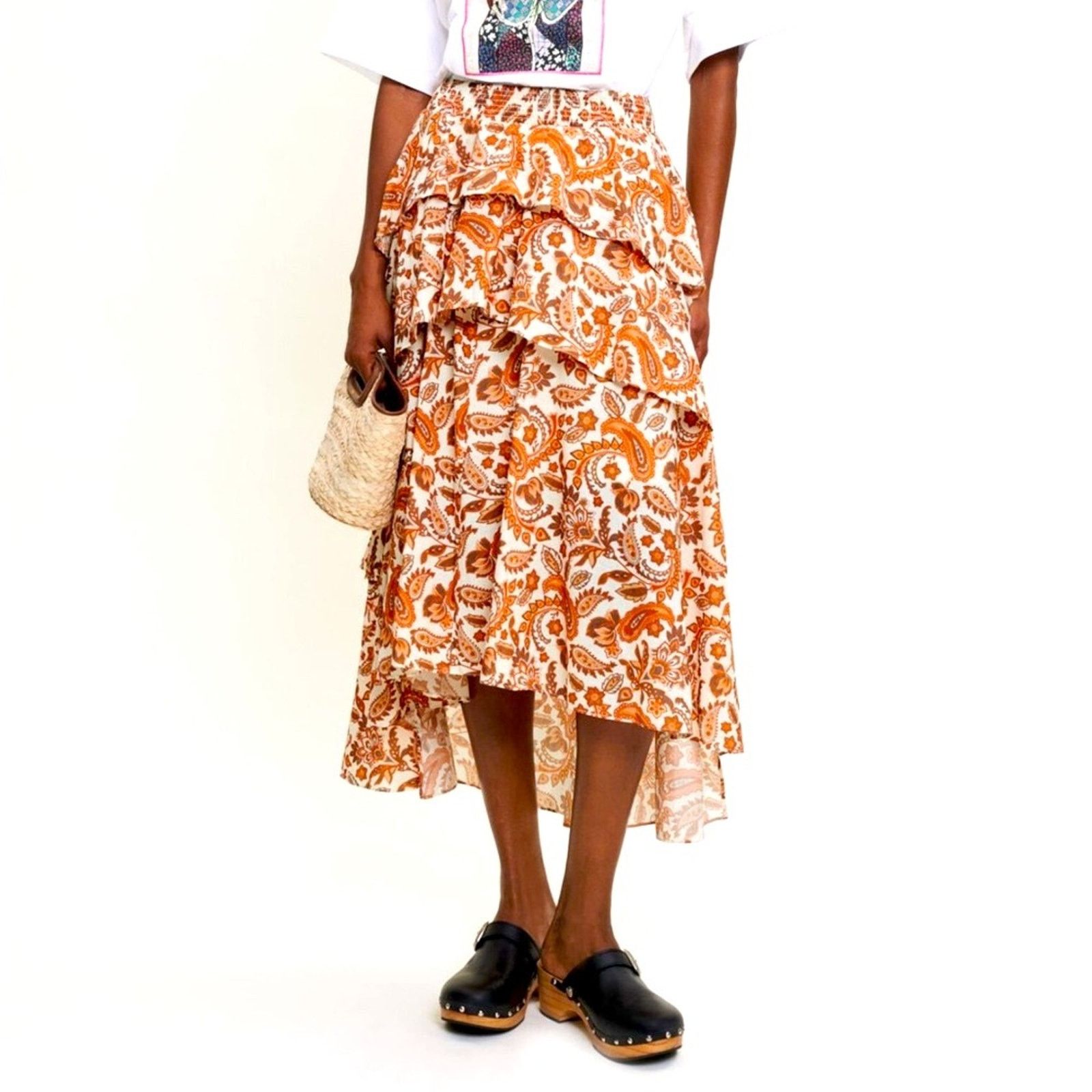 Maje MAJE $345 Orange Paisley Cotton Tiered Skirt FR34 USXS Size 26" / US 2 / IT 38 - 6 Thumbnail