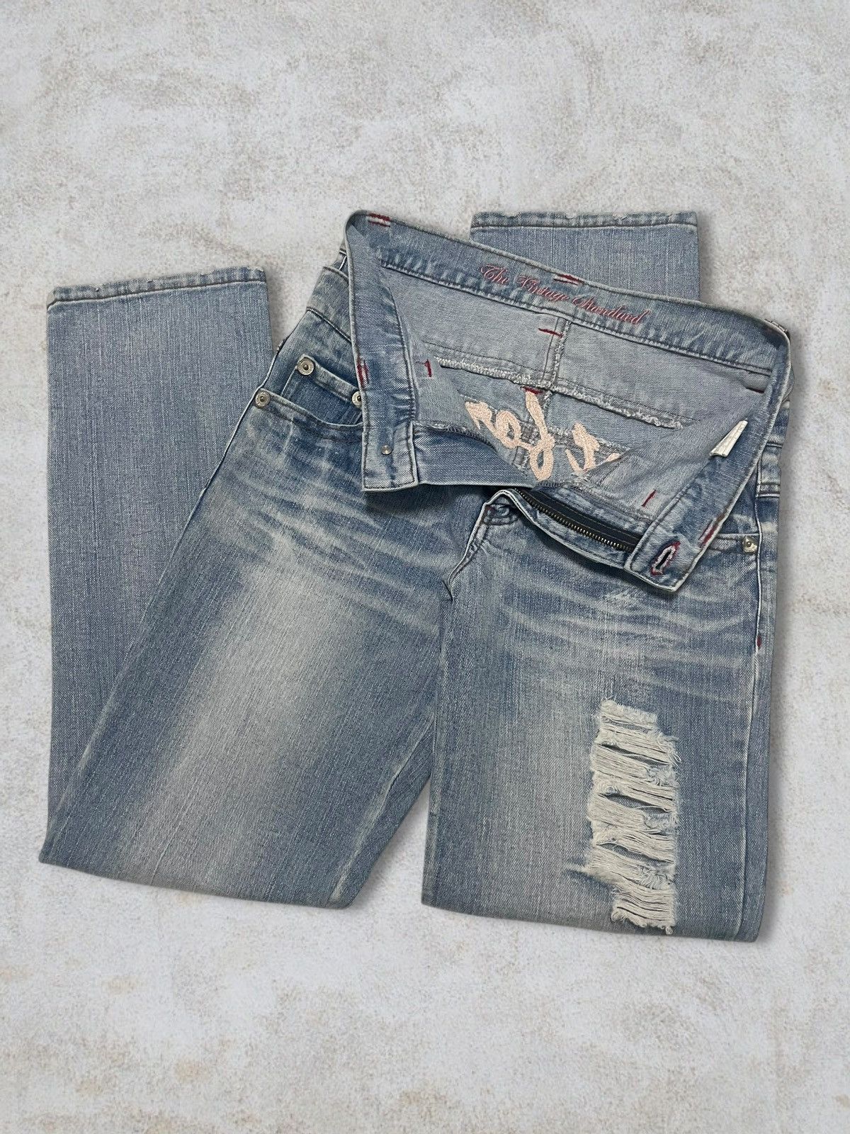 Japanese Brand Japanese Double Waist Spellout Embroidered Distressed Jeans Size 29" - 9 Thumbnail