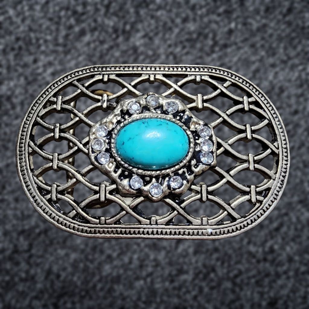 Vintage VINTAGE 1980s Western Faux Turquoise Rhinestone Belt Buckle Silver Rockabilly Womens Size ONE SIZE - 1 Thumbnail
