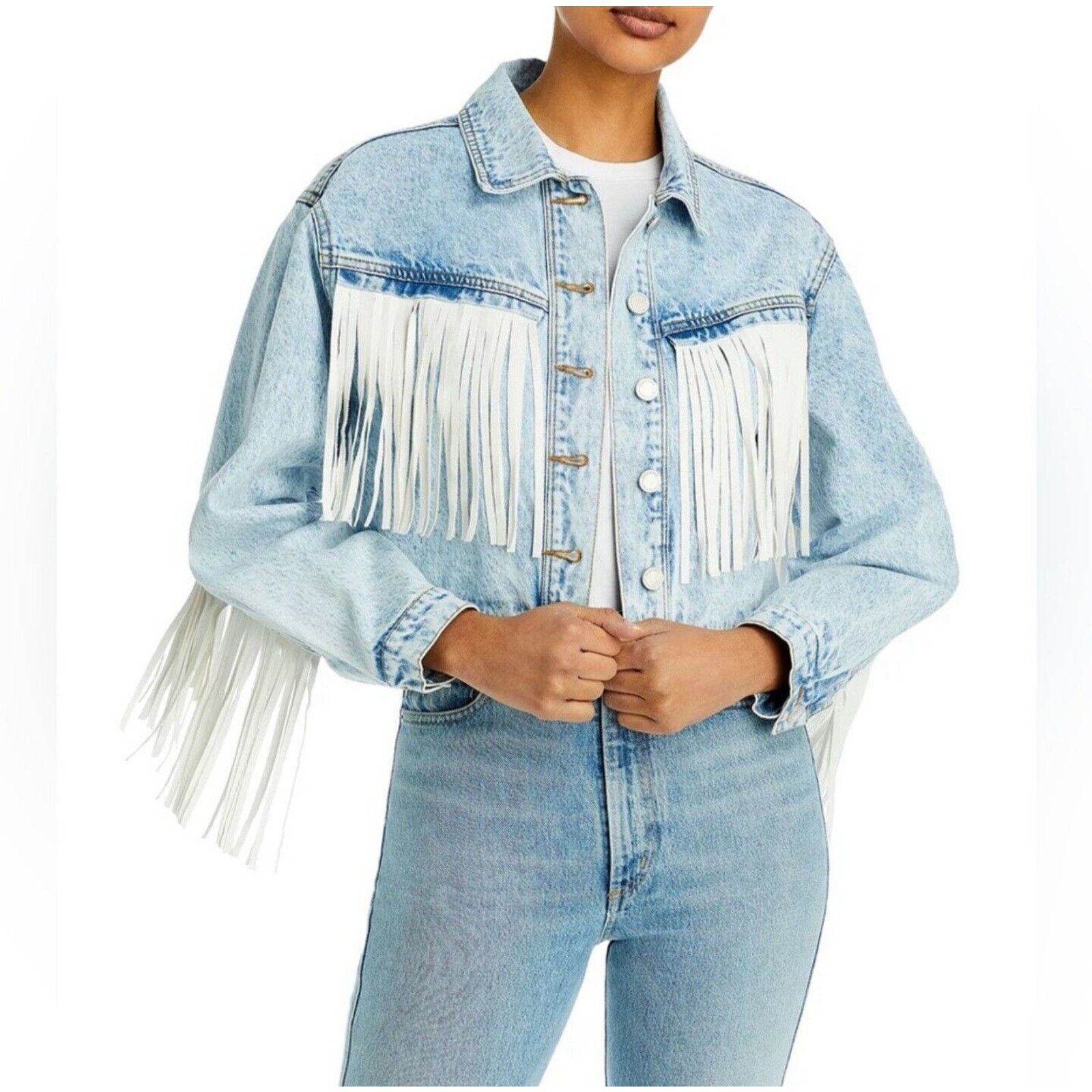 BLANKNYC Blank NYC Frayed Fringe Denim Oversized Trucker Boho Jacket Size S / US 4 / IT 40 - 4 Thumbnail