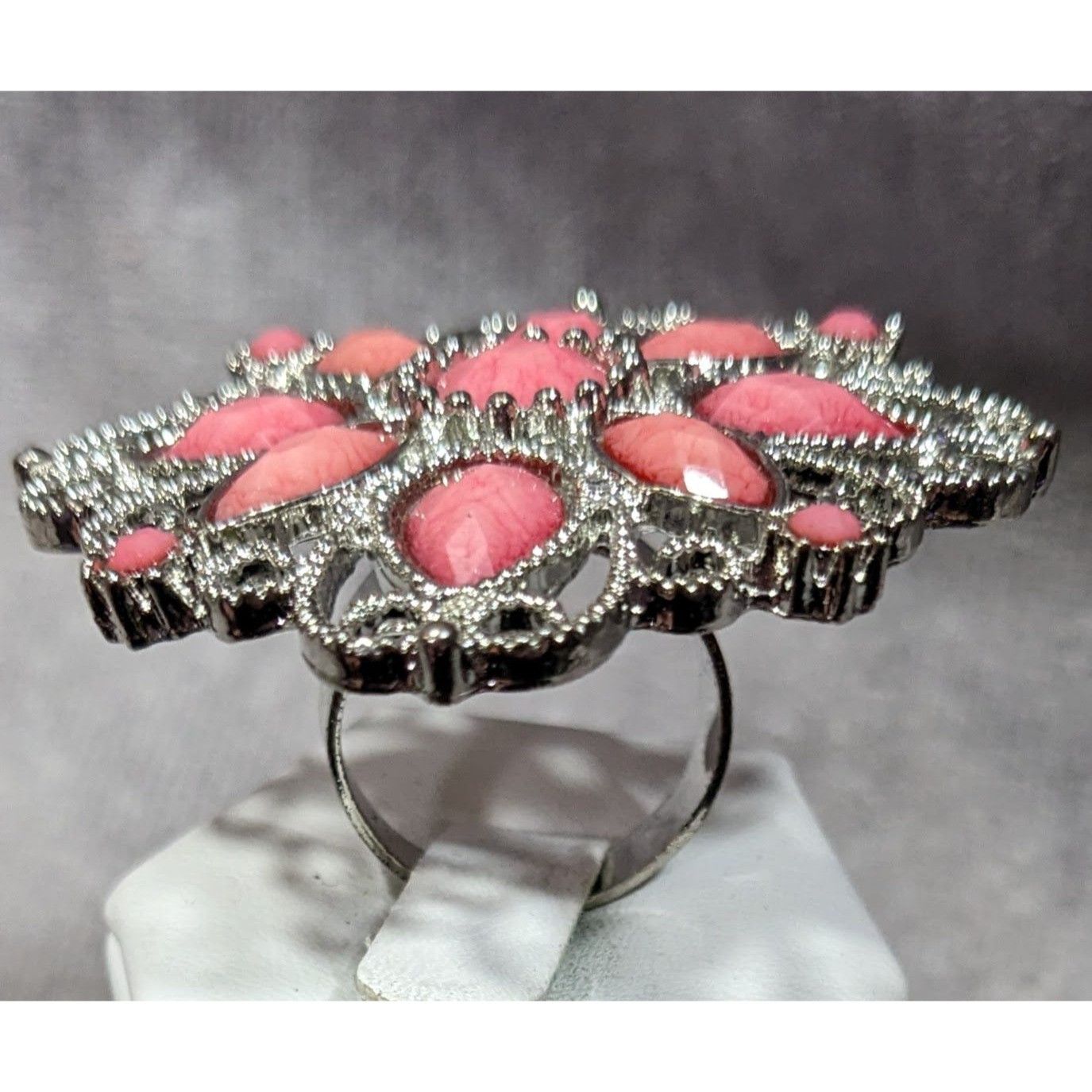 Other Fairycore Floral Ring Silver Tone With Pink Stones Statement Size ONE SIZE - 8 Thumbnail