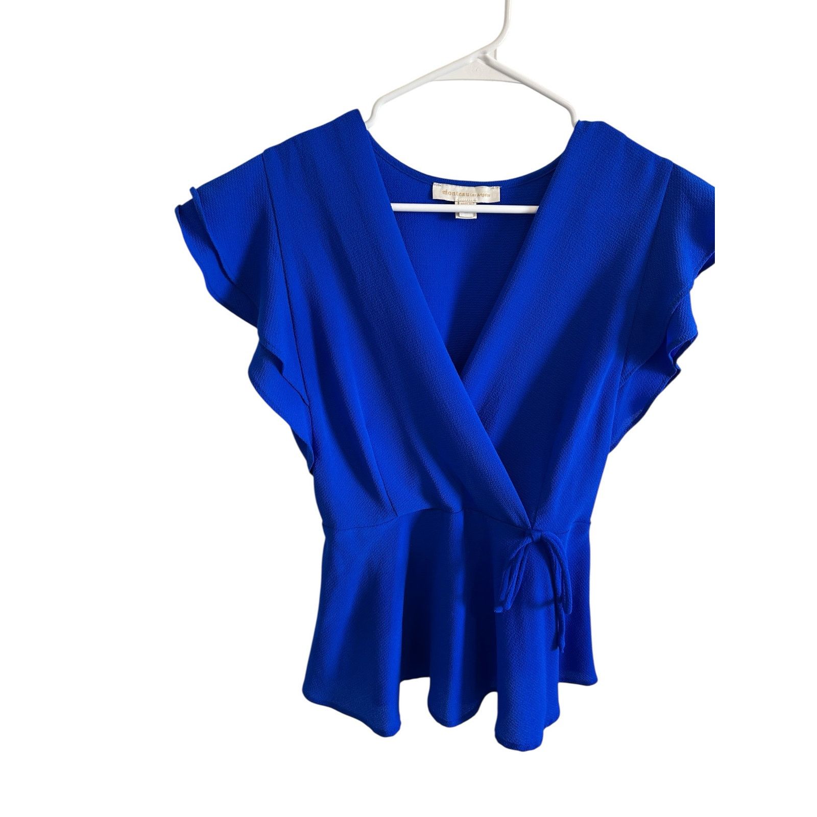 Other Monteau Blue Faux Wrap Ruffle Short Sleeve V-Neck Blouse Size M / US 6-8 / IT 42-44 - 4 Thumbnail