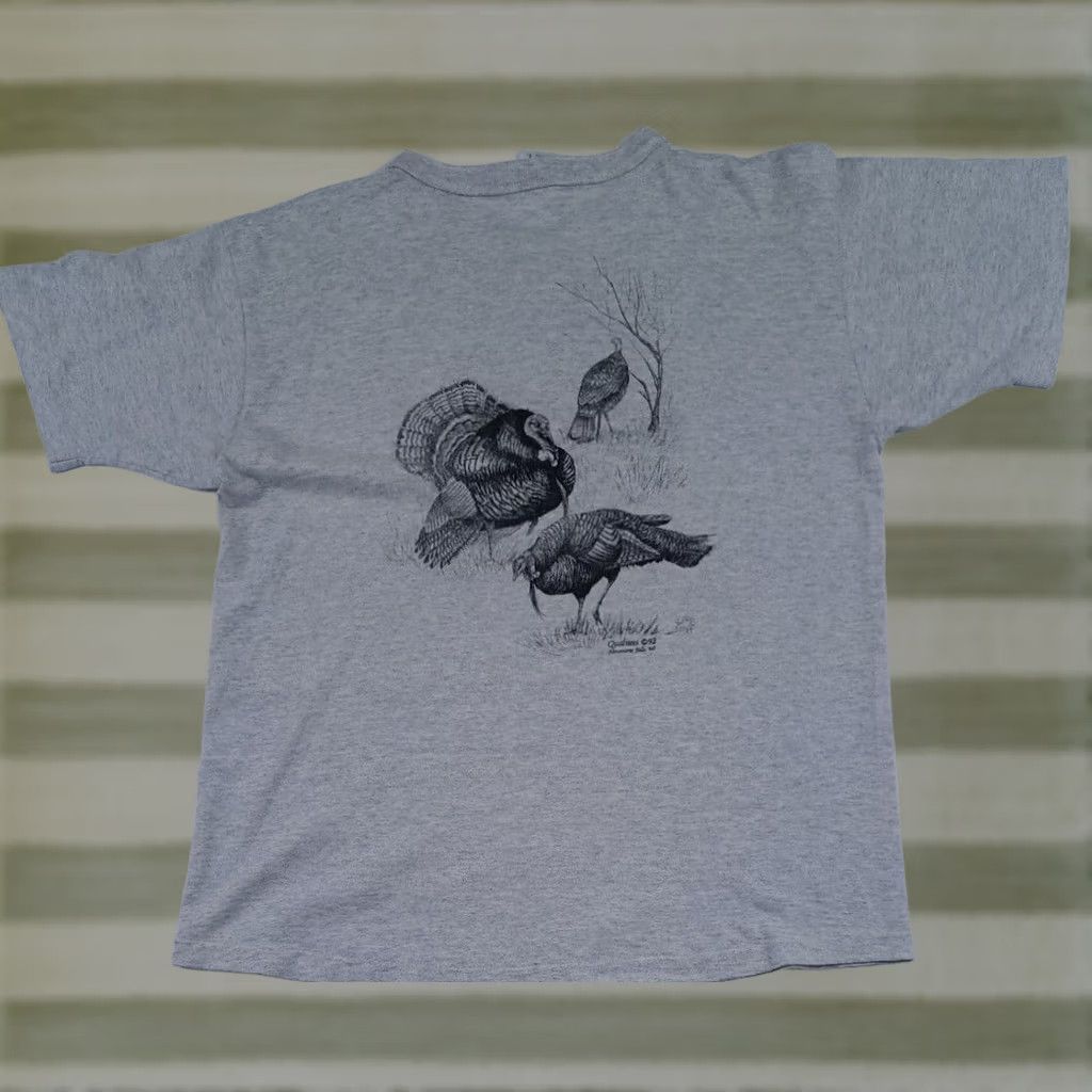 Vintage Pre-Owned Turkey Wildlife Art Print T-Shirt LG Cotton Delux 1993 1/4 Button Short Sleeve Gray Unisex Adults Regular Size L Mens Womens Size US L / EU 52-54 / 3 - 1 Thumbnail