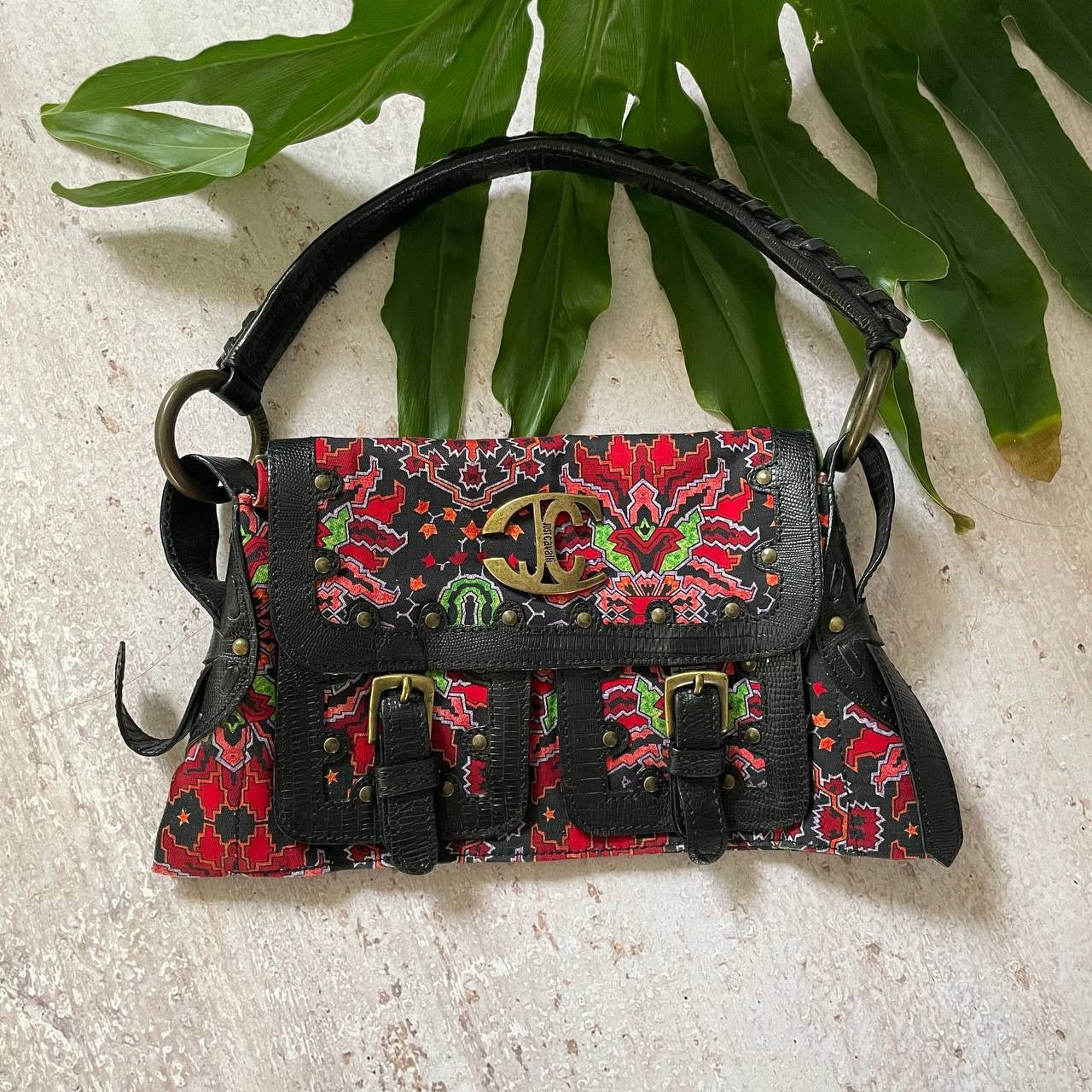 Vintage Y2K Just Cavalli Cute Flowers Pattern Mini Bag in Red, Women's