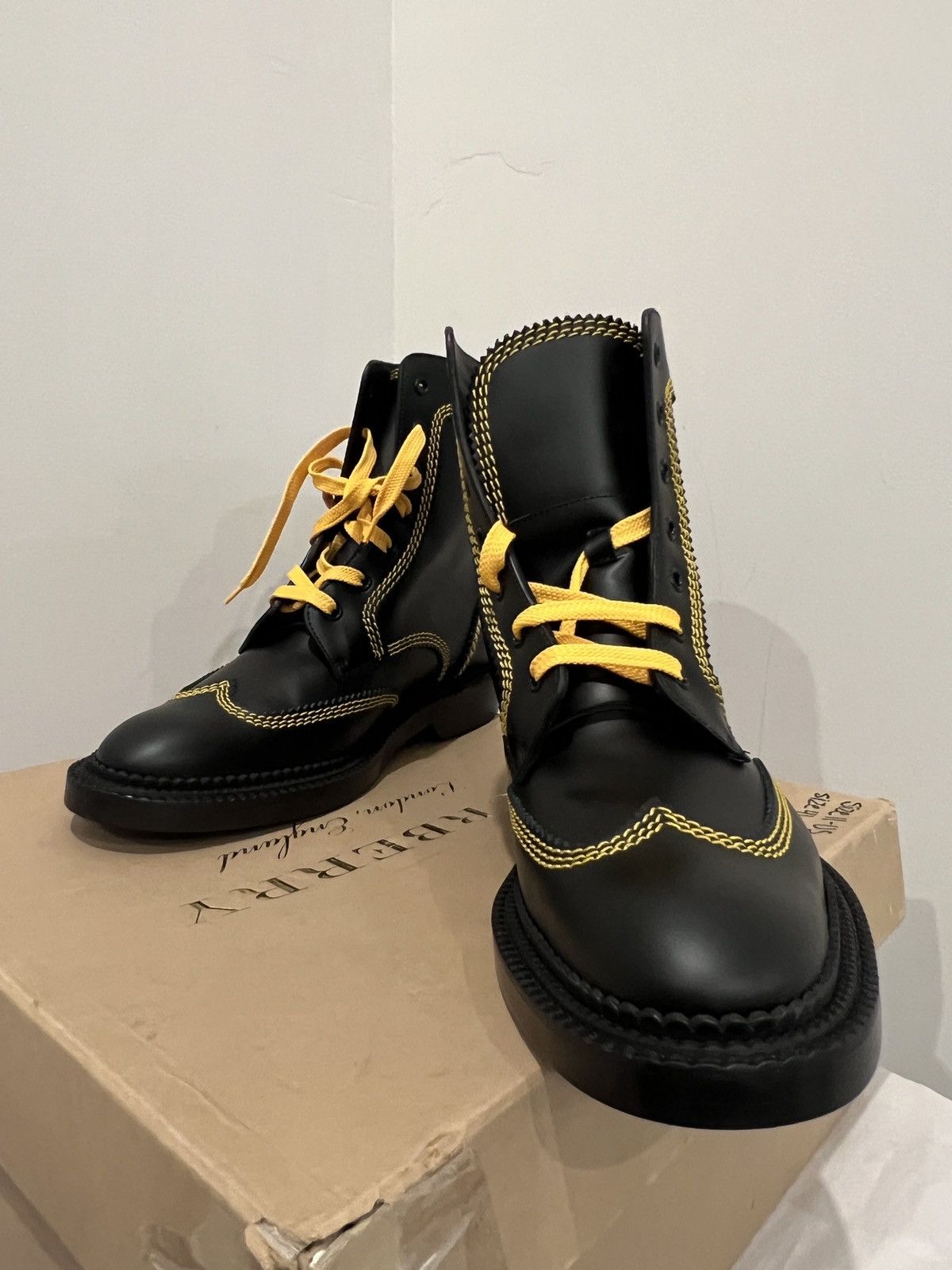 Burberry Burberry Bert Black Leather Yellow Stitching Mid High Boots Size US 11 / IT 41 - 5 Thumbnail