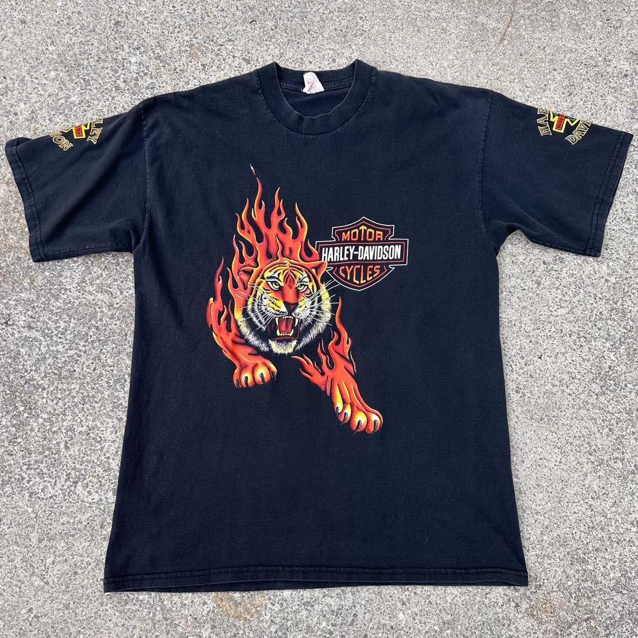 image of 90's Harley Davidson Fire Untamed Tiger T Shirt in Black, Men's (Size Large)