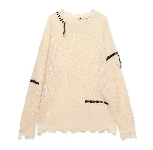 Aran Isles Knitwear Korean fashion beige distressed knit sweater knitwear Size US L / EU 52-54 / 3 - 8 Thumbnail