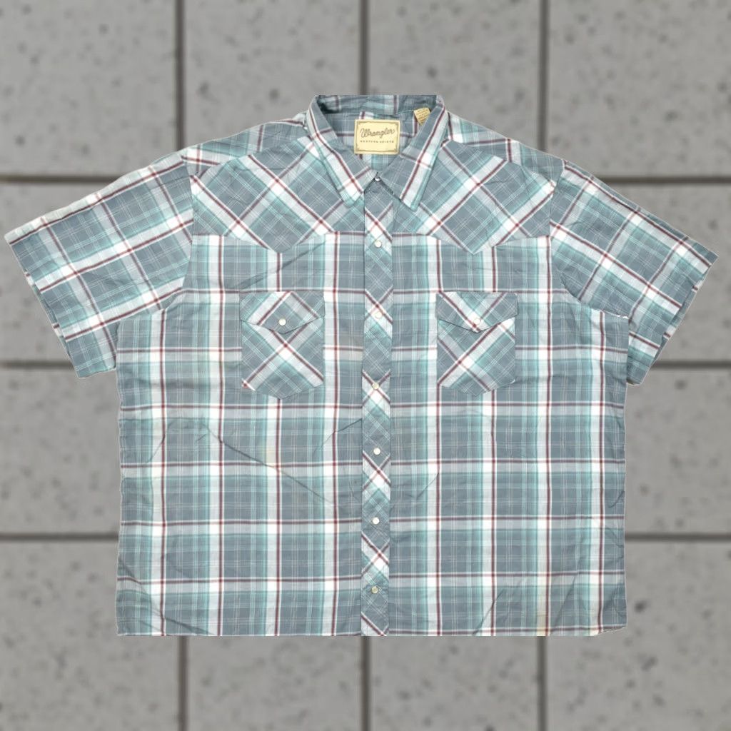 Wrangler VINTAGE Wrangler Western Shirt Men 2XL Gray Teal Plaid Pearl Snap Short Sleeve Cotton Button-Up Western Mens Size US XXL / EU 58 / 5 - 1 Thumbnail