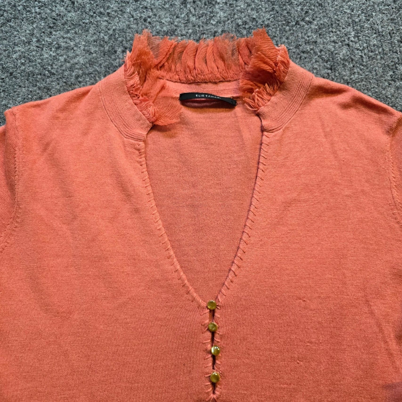 Elie Tahari Elie Tahari Sweater Womens XS Orange Silk Knit Ruffle Trim V-Neck Fitted Pullover Short Sleeve Size XS / US 0-2 / IT 36-38 - 2 Thumbnail