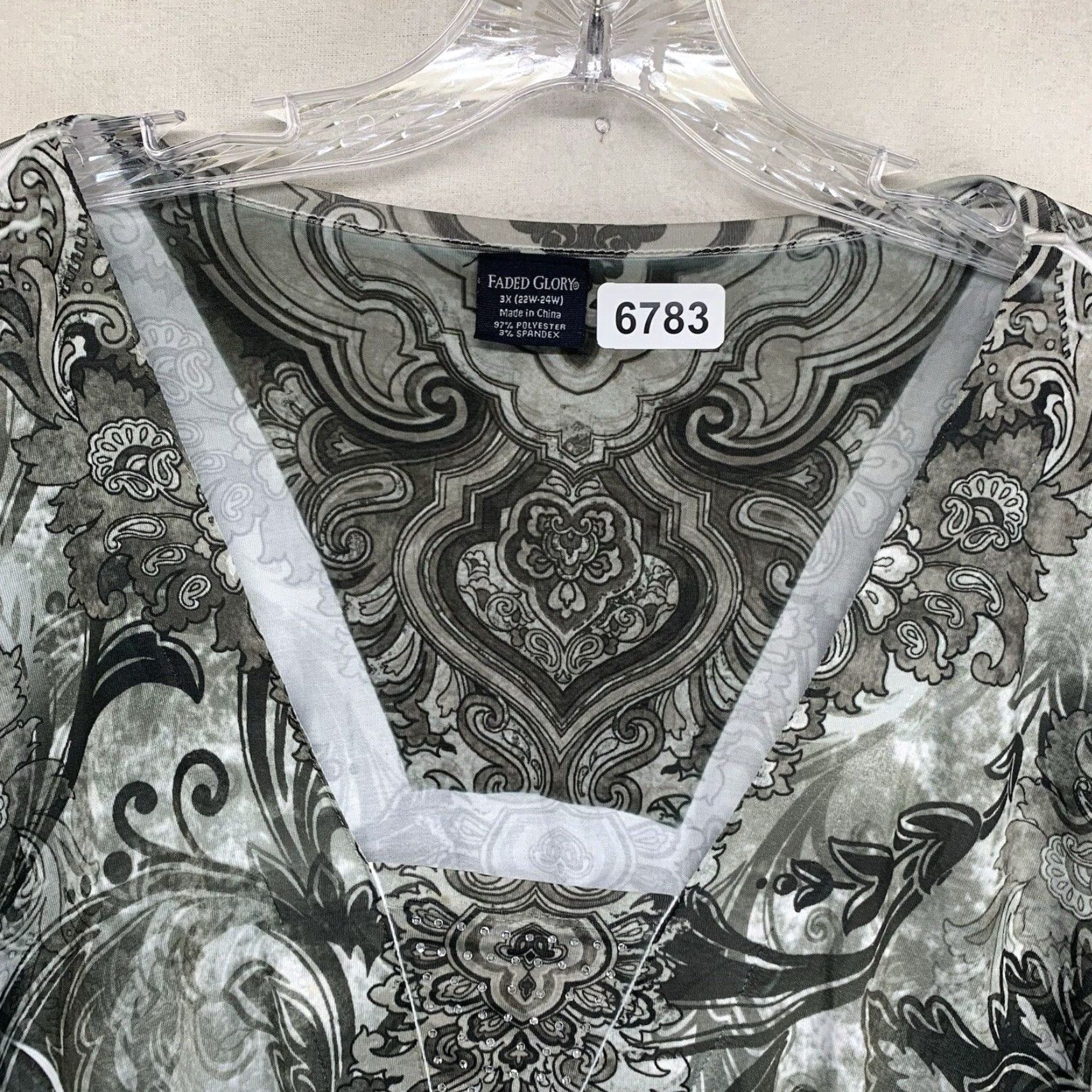 Faded Glory Faded Glory Tunic Blouse 3X Women Gray Geometric Boho Art 3/4 Sleeve Boat Neck Pullover Rhinestone Plus Size Ladies Fashion Size XXL / US 16-18 / IT 52-54 - 3 Thumbnail