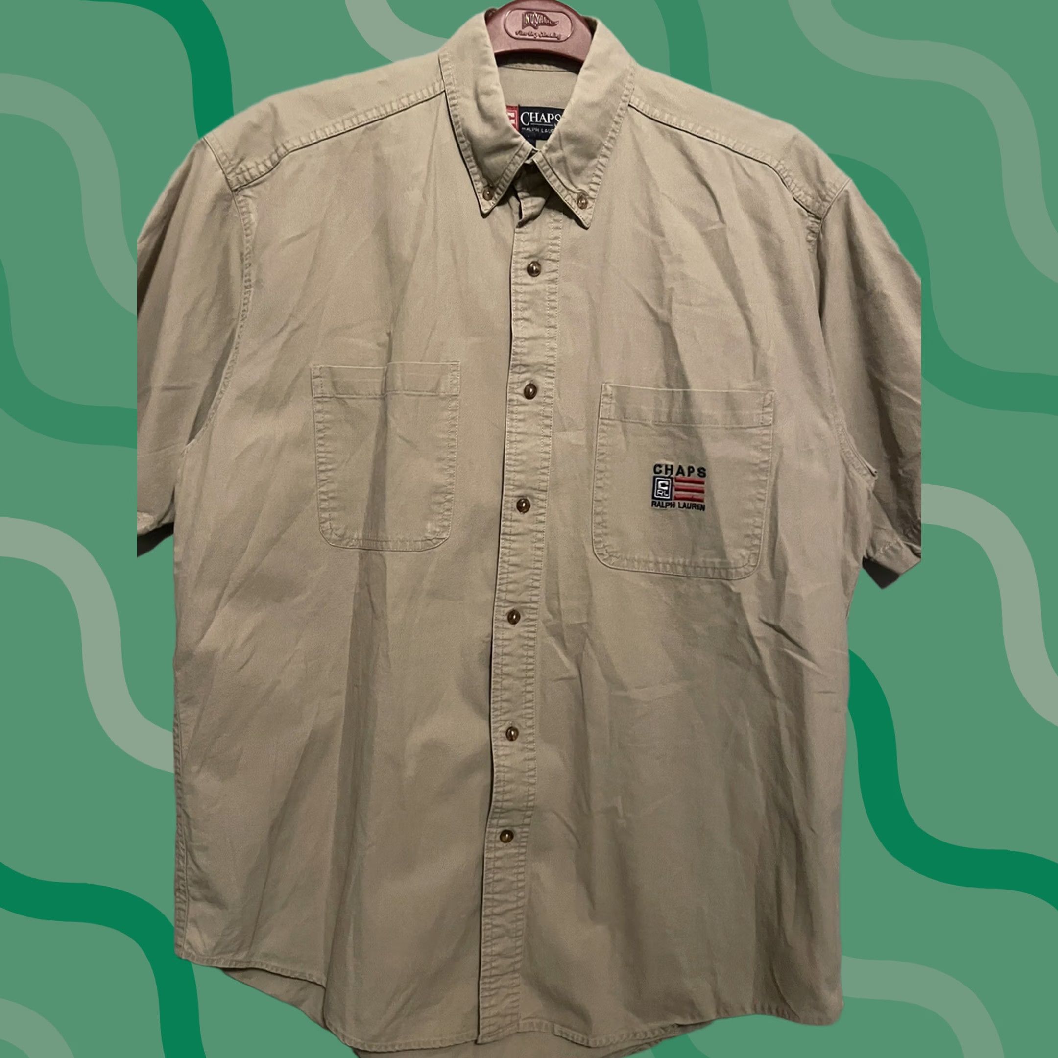 Chaps VINTAGE Chaps Ralph Lauren Shirt Men M Beige Short Sleeve 90 Flag Logo Button-Up Collared Silk? (Note: "Silk" not in original; cannot add) Size US M / EU 48-50 / 2 - 1 Thumbnail