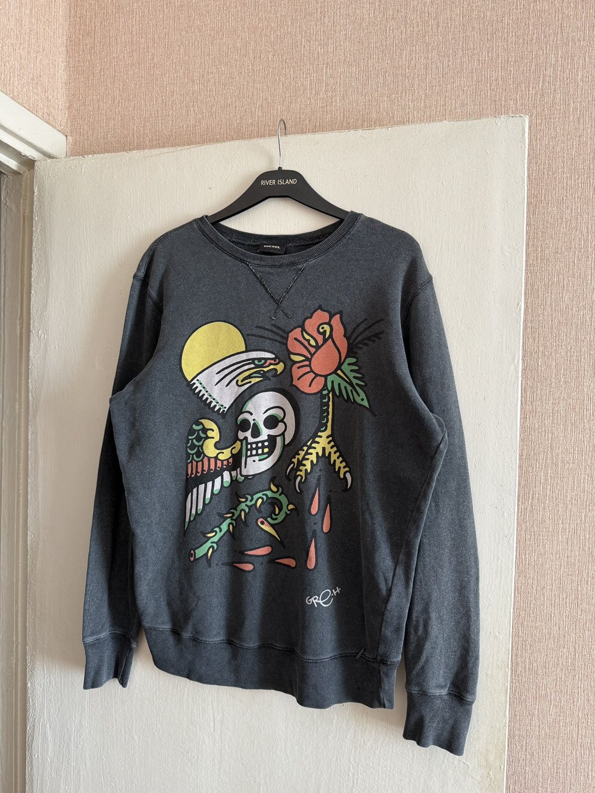 Diesel Vintage Diesel Crewneck Skull Eagle Rose Graphic Washed Size US S / EU 44-46 / 1 - 3 Thumbnail