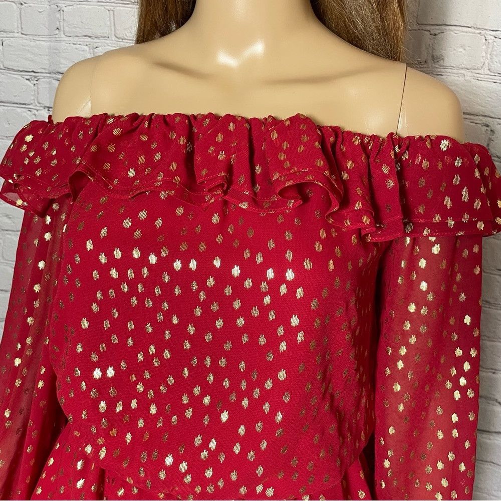 Vince Camuto NWT New Vince Camuto Red Off the Shoulder Foil Chiffon Blou Size XS / US 0-2 / IT 36-38 - 4 Thumbnail
