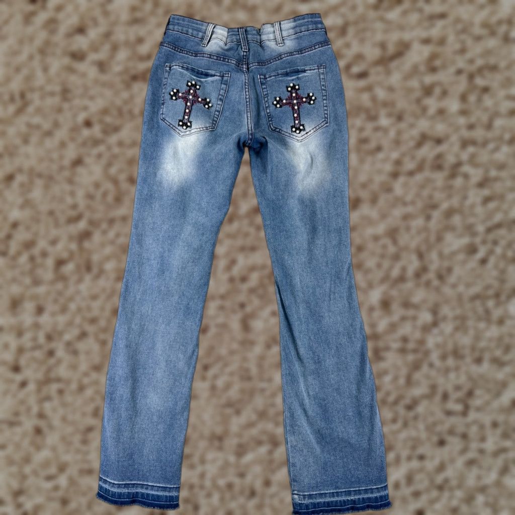 Denime Jeans Women 24 Blue Denim Flared Distressed Embellished Crosses 5-Pocket Regular Inseam 24 Denim Jeans Hippie Size 42" / US 20 - 1 Thumbnail