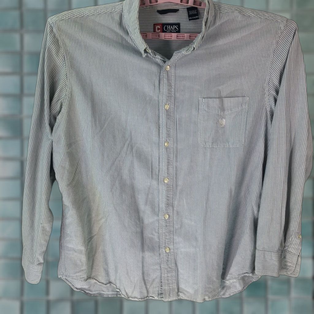 Chaps Chaps Mens Button Up Shirt Long Sleeve Casual Regular XXL Blue Button-Down Collared 100% Cotton Pinstriped Casual Designer Vintage No N/A Size US XXL / EU 58 / 5 - 1 Thumbnail