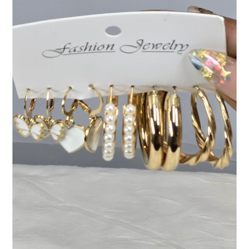 Other 5-Pair Gold-Tone Fashion Earrings Set Pearl, Hoop, Dangle Size ONE SIZE - 4 Thumbnail