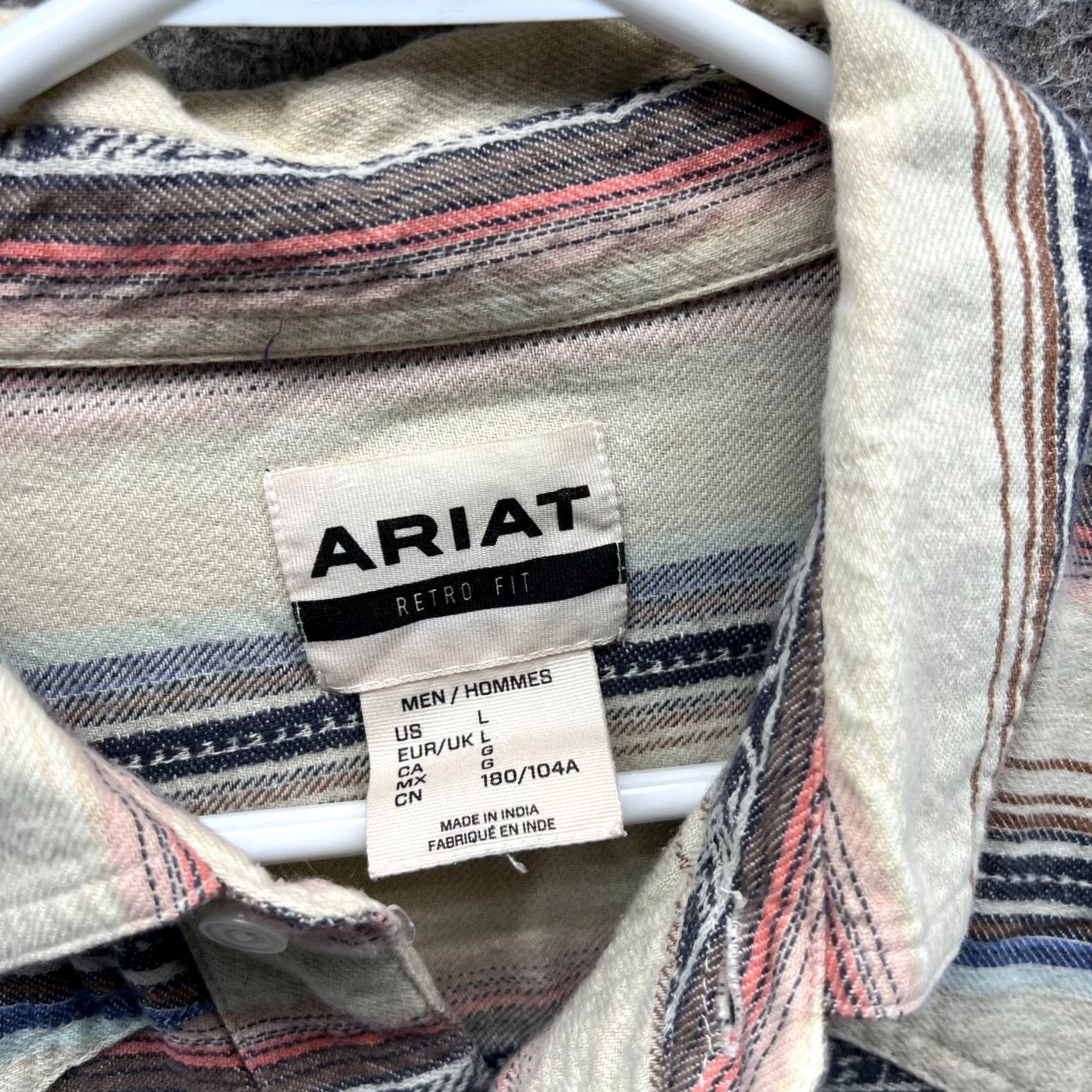 Ariat Ariat Shirt Mens Large Beige Retro Western Pearl Snap Striped Cotton Blend Aztec Size US L / EU 52-54 / 3 - 7 Thumbnail