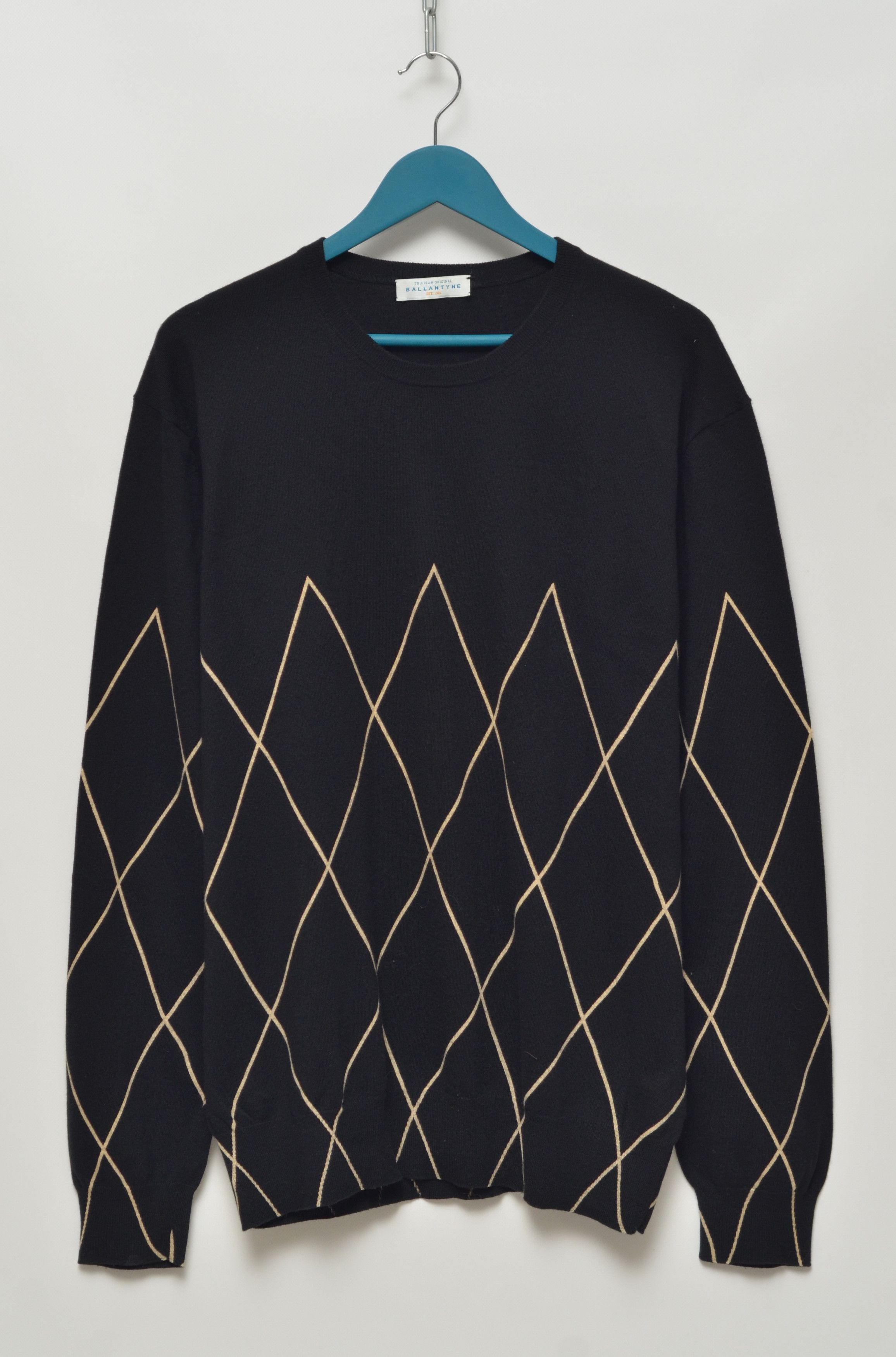 Image of Ballantyne Cotton& Cashmere Geometric Pattern Knitted Jumper in Black, Men's (Size 2XL)