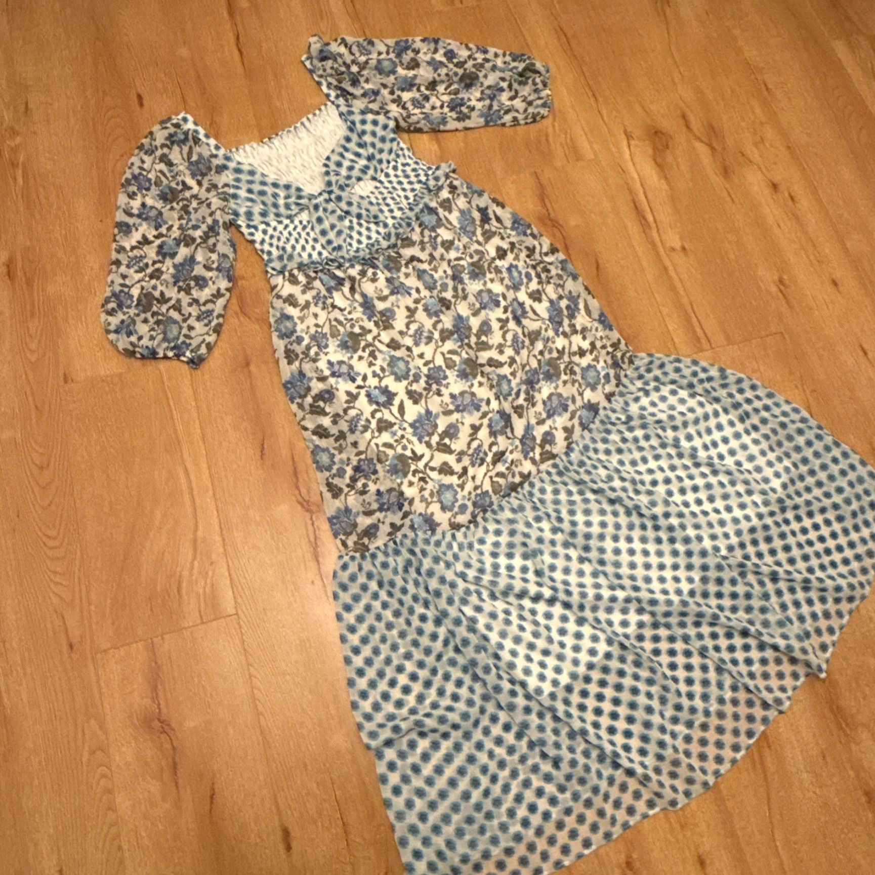 Vintage Taylor Maxi Dress Women Smith Taylor Sz 10 Chiffon blue floral Smocked Ruffle Sheer Tie Back Long Size L / US 10 / IT 46 - 7 Thumbnail