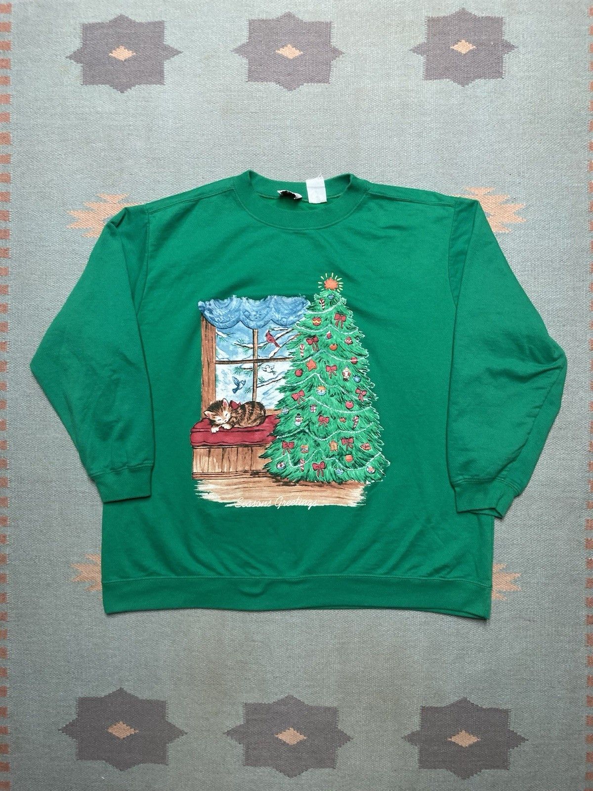Vintage 90s sweatshirt seasons greetings Christmas cat kitty cute XL Size US XL / EU 56 / 4 - 1 Thumbnail