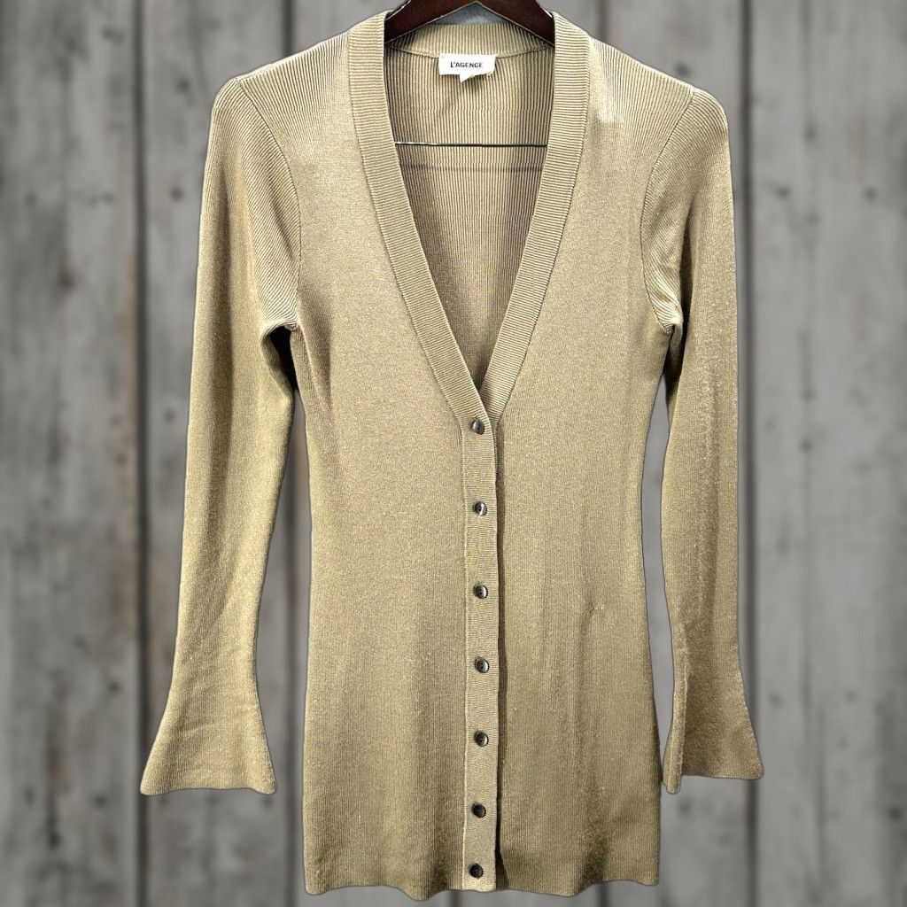 L'AGENCE L'AGENCE Gold Ribbed Cardigan Women's S Flared Long Sleeve V-Neck Lightweight Knit Sweater Designer Modern Size S / US 4 / IT 40 - 1 Thumbnail