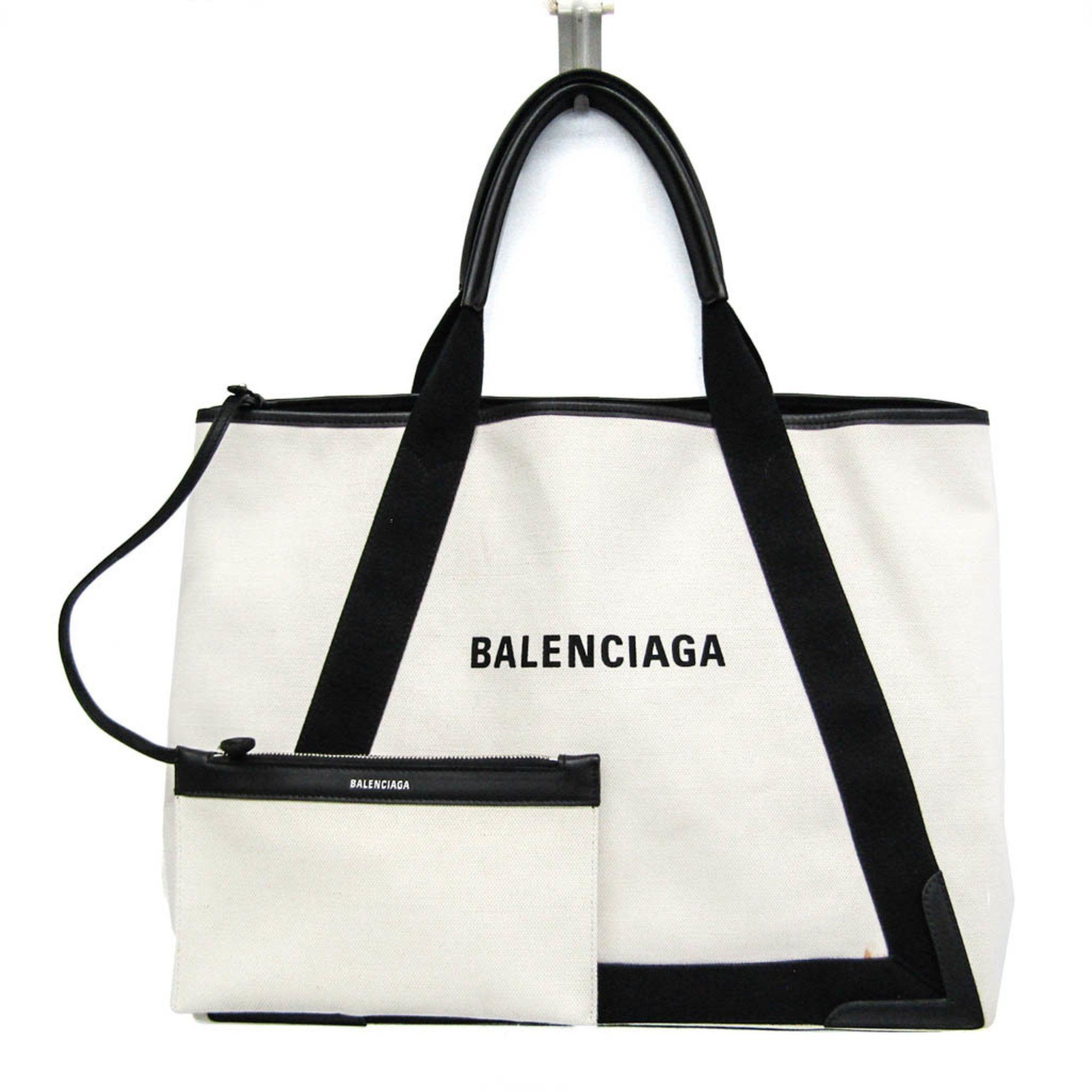 Balenciaga Navy Cabas M 339936 MenWomen CanvasLeather HandbagTote Bag BlackOff-white
