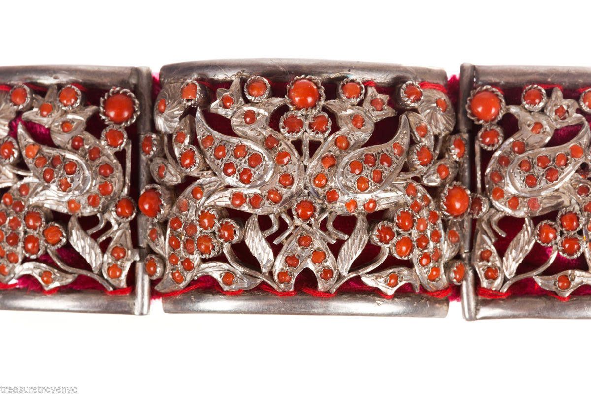 Designer Sterling Silver and Red Coral Ornate Cut Out Bracelet Size ONE SIZE - 4 Thumbnail