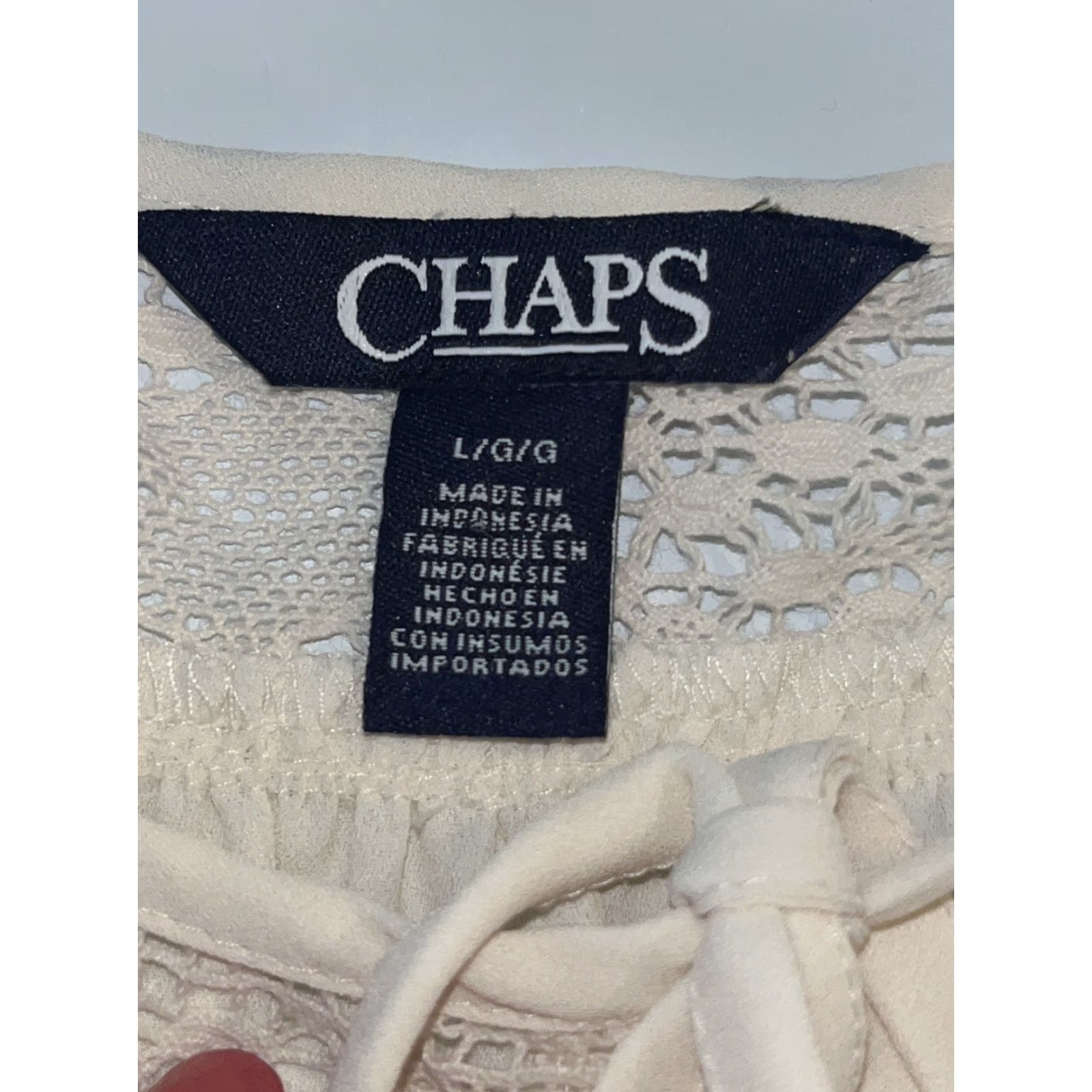 Chaps Chaps Blouse Women's Long Sleeve Keyhole Tie Neck Lace Accents Sheer Ivory Puff Sleeve Peasant Ribbon Tie V Neck Pull Over Top L Size L / US 10 / IT 46 - 2 Thumbnail