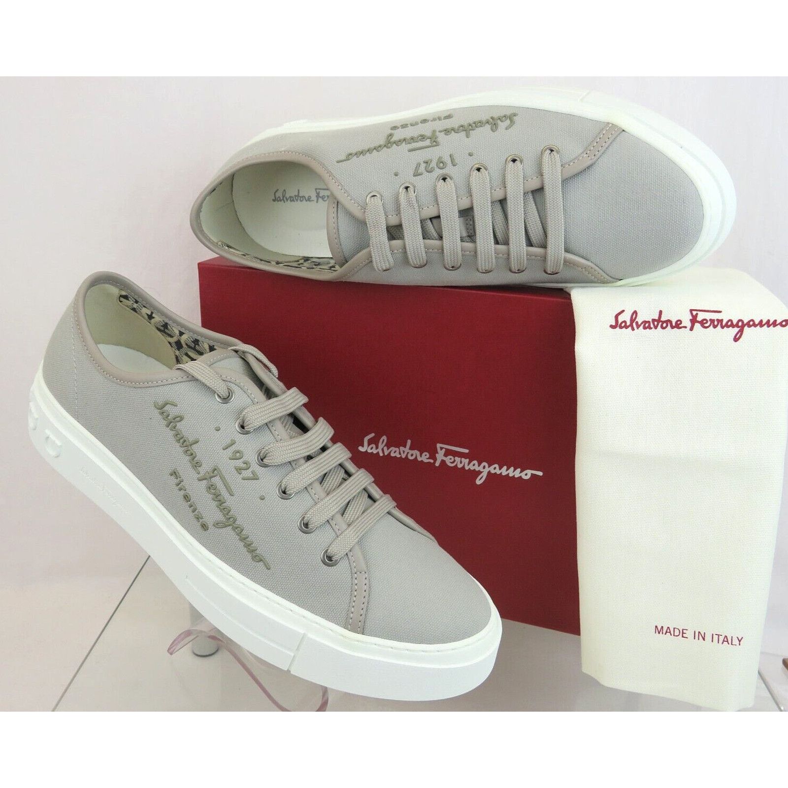 Salvatore Ferragamo MEDITERR GRAY CANVAS LEATHER TRIM GANCINI LOGO SNEAKERS 13 M Size US 13 / EU 46 - 4 Thumbnail