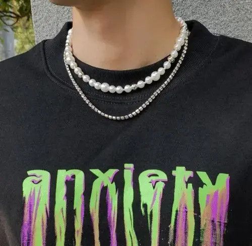 Vintage Unisex layered pearl chain shiny rhinestone tennis necklace Size ONE SIZE - 2 Thumbnail