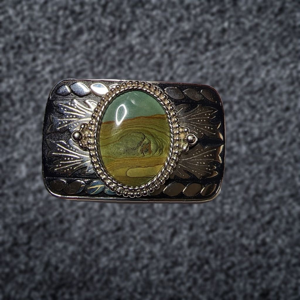 Vintage VINTAGE Western Silver Belt Buckle Picture Rock Round Stone Center Natural Theme Unisex Size ONE SIZE - 1 Thumbnail