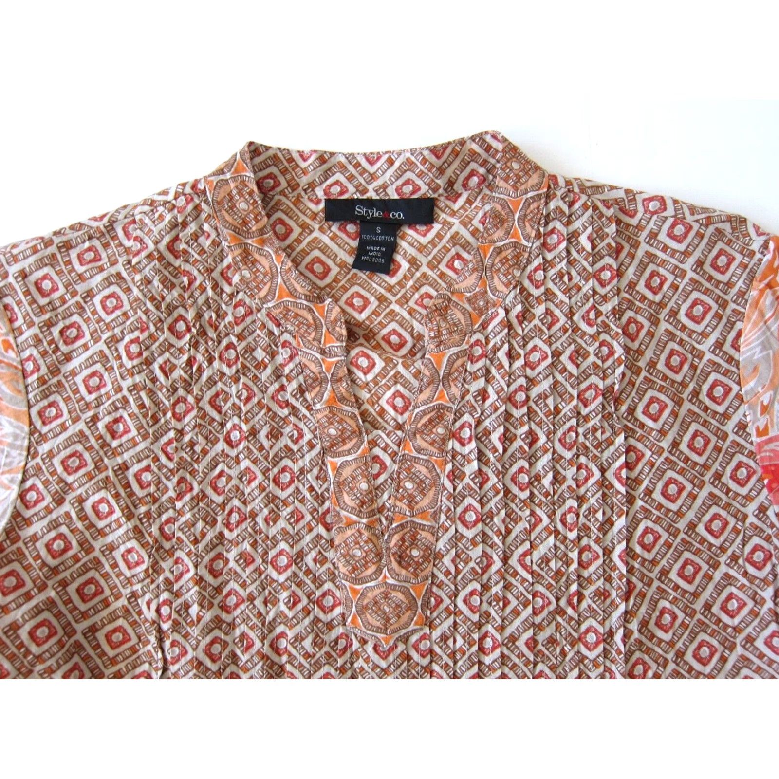 Vintage Style & Co. Cotton Pink Orange Brown V-Neck Short Sleeve Peasant Blouse Small Size S / US 4 / IT 40 - 3 Thumbnail