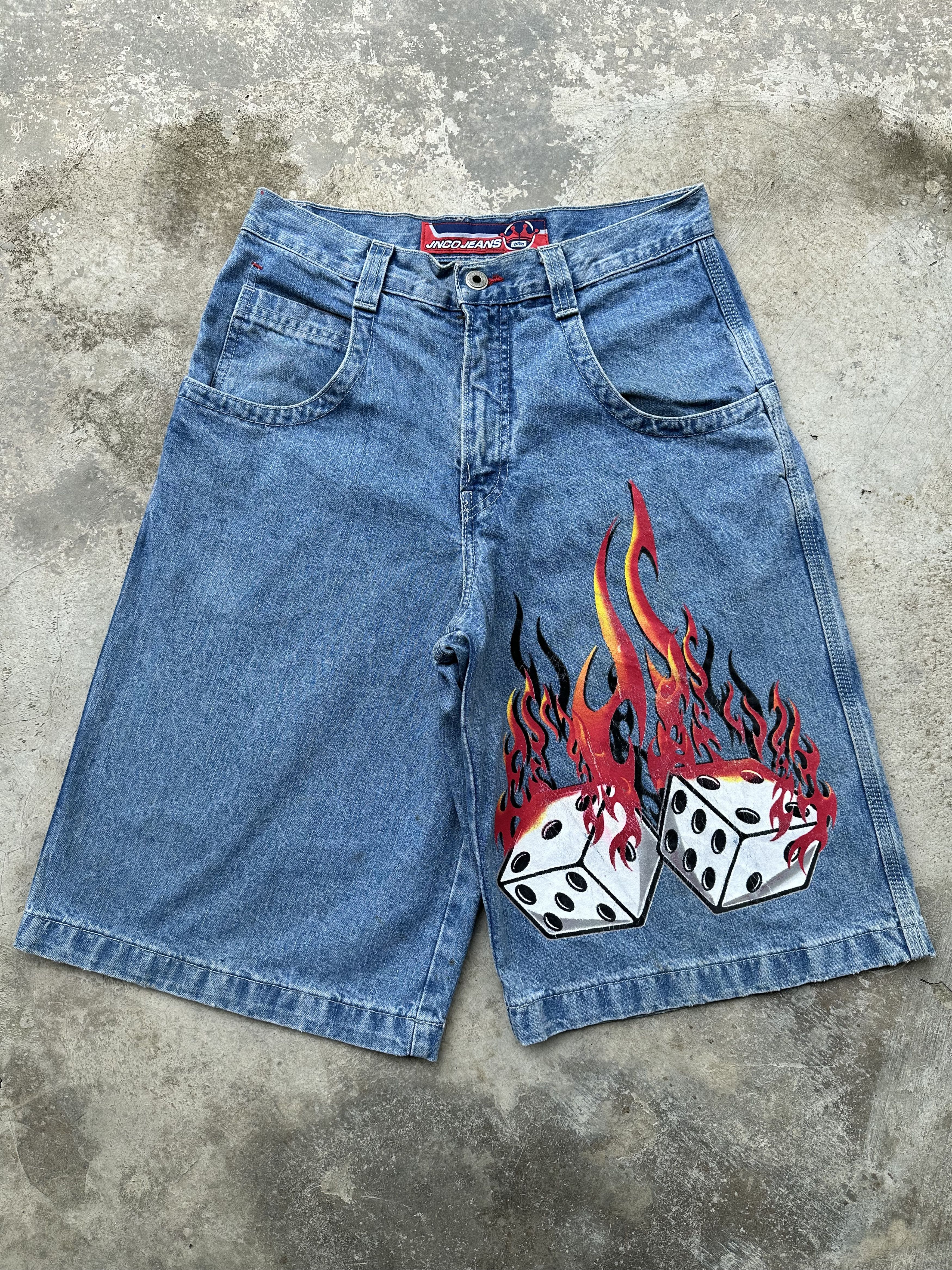 JNCO × Vintage 🔥🔥🔥 90s CRAZY SICK JNCO FLAMING DICE JEANS SHORT JORTS Size US 30 / EU 46 - 1 Thumbnail