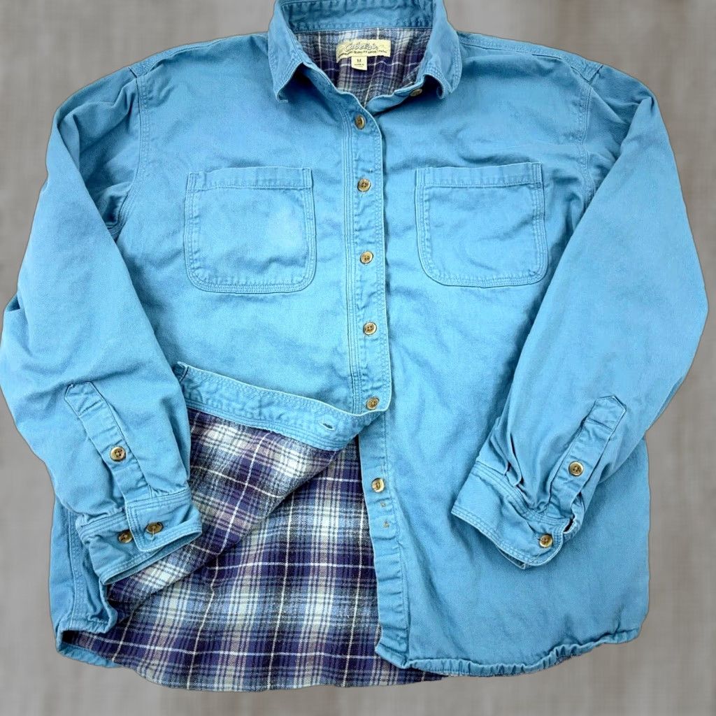 Vintage Cabela's Shacket Women Medium Blue Twill Flannel Shirt Jacket Camp Work Pockets Size M / US 6-8 / IT 42-44 - 1 Thumbnail