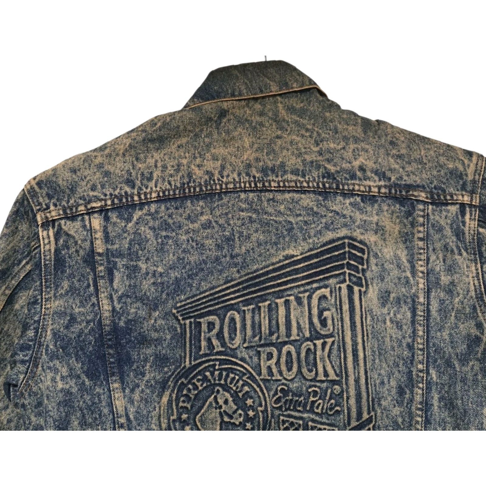 Vintage VINTAGE Rolling Rock Jean Jacket Mens Small Patch Embossed 80s Acid Wash Denim Bomber Jacket Blue Size US 29 - 4 Thumbnail