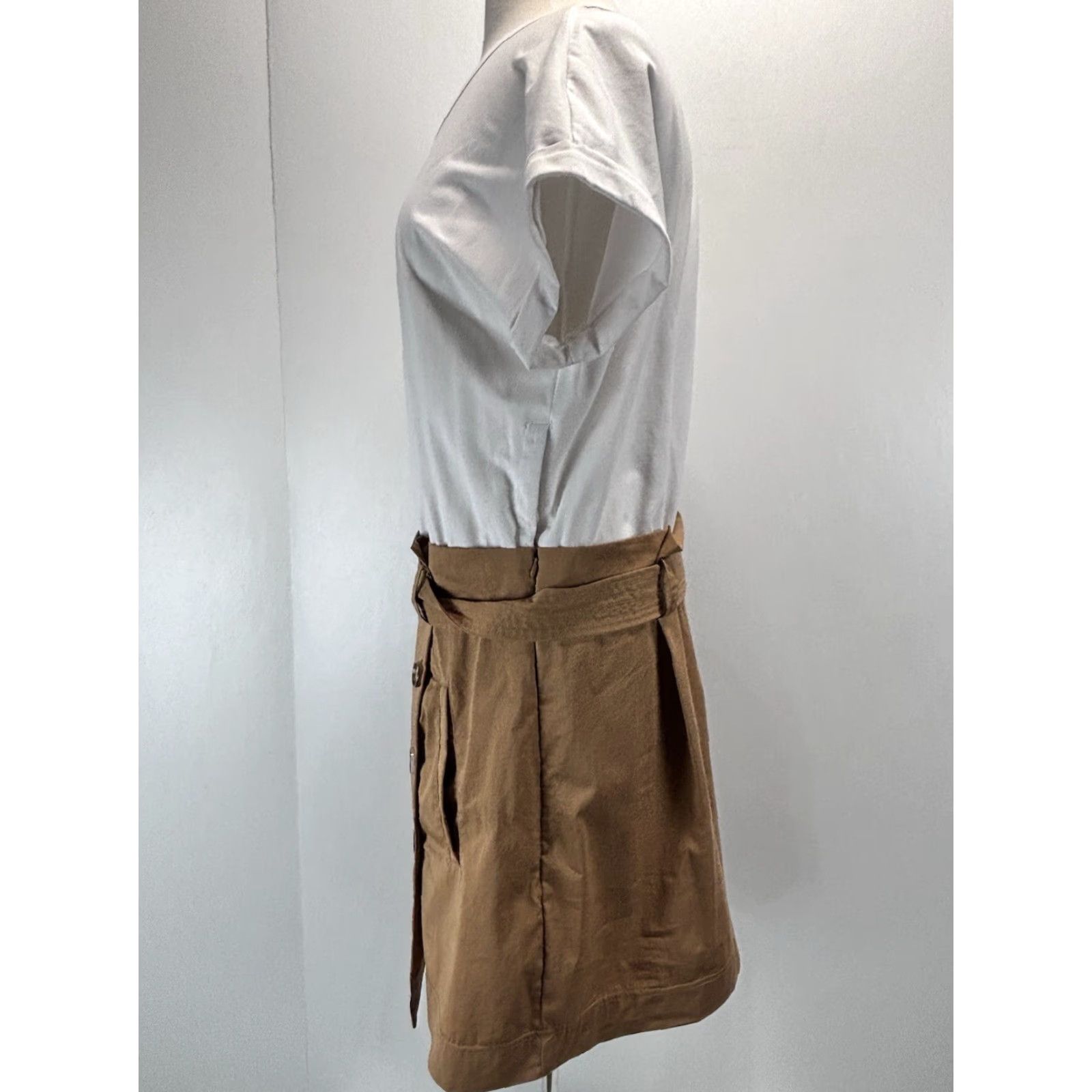 Veronica Beard VERONICA BEARD Melany Layered Look Dress Women's XL Belted Short Sleeve White Brown Mini Dress: Regular Size, Casual 2020s Size XL / US 12-14 / IT 48-50 - 4 Thumbnail