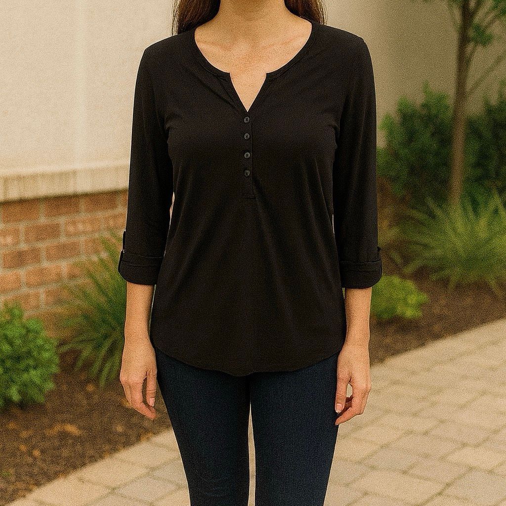 H&M H&M Women’s XS Black V-Neck Long Sleeve Top | Partial Button Size XS / US 0-2 / IT 36-38 - 2 Thumbnail