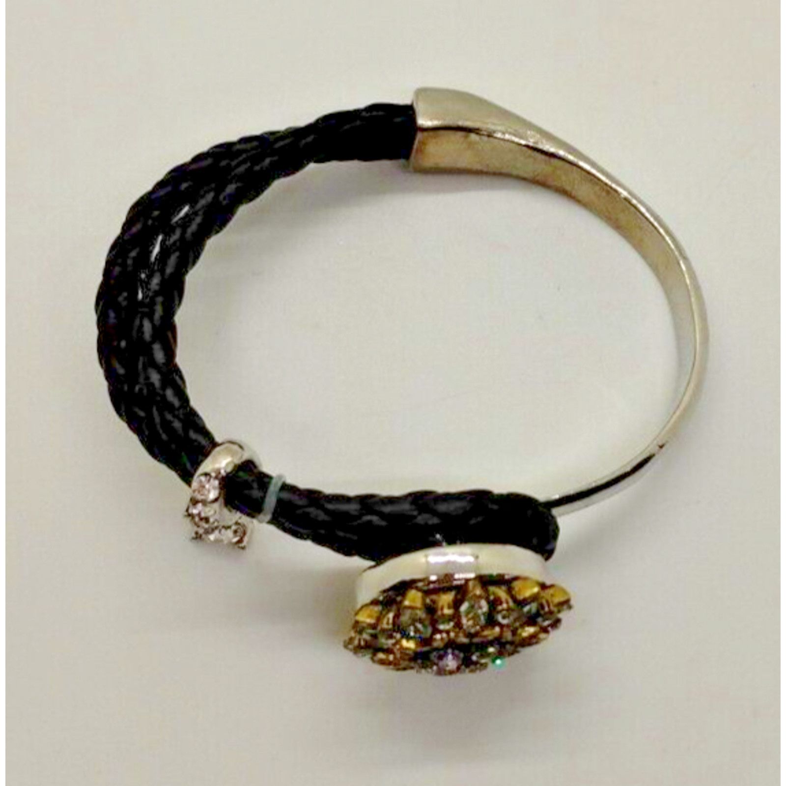 Vintage Silver Tone Glass Rhinestone Black Braided Bracelet 6.75" Size ONE SIZE - 5 Thumbnail