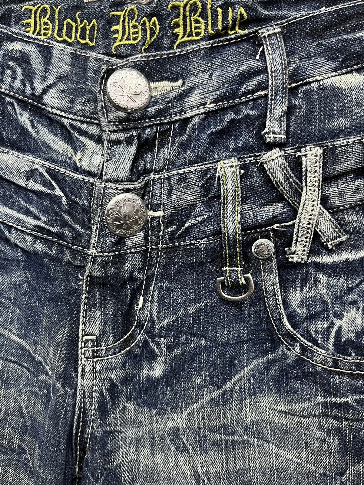 Japan Blue 🔥FYE💥BLOW BY BLUE Double Waist Acid Wash Punk Skulls Jeans Size US 31 - 10 Thumbnail