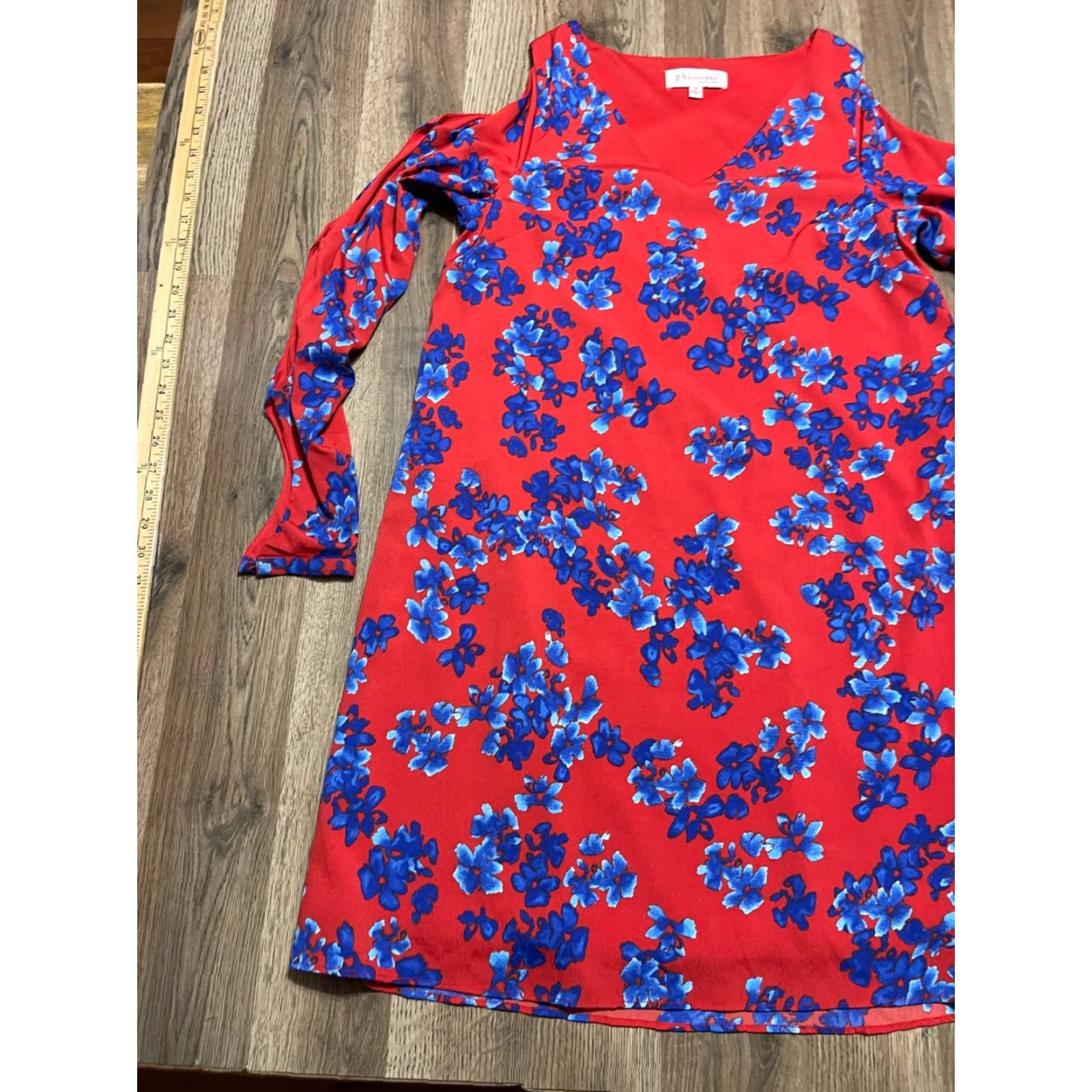 Vintage Philosophy Dress Women's Small Red Blue Floral Long Sleeve Dress Open Arm V-neck Casual Knee Length Shift Vintage: No Size S / US 4 / IT 40 - 4 Thumbnail