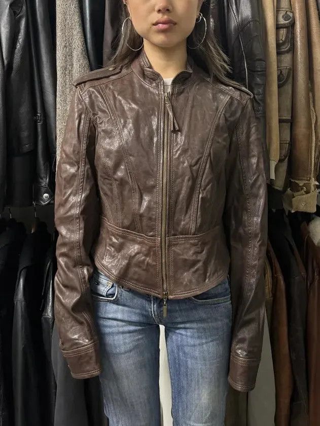 Just Cavalli FW2011 Cavalli Cropped Brown Leather Jacket Size XS / US 0-2 / IT 36-38 - 3 Thumbnail