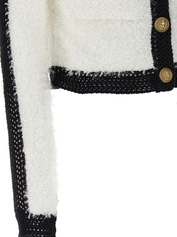 Balmain o1s1wg110825 Logo Button Tweed Short Jacket in Black/White Size L / US 10 / IT 46 - 5 Thumbnail