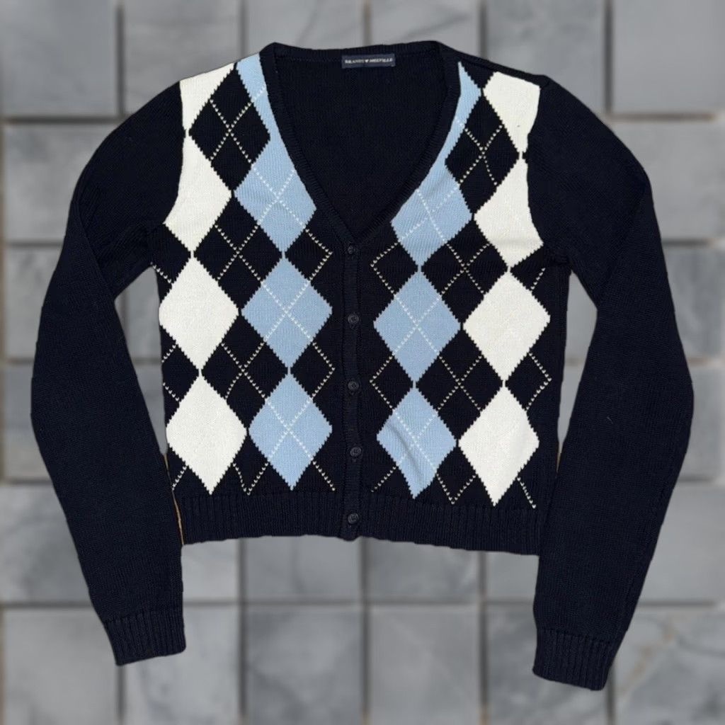 Brandy Melville Brandy Melville Argyle Cardigan Sweater Navy Blue White Light Blue Preppy Y2K Cardigan Teens One Size Navy Blue Size ONE SIZE - 1 Thumbnail