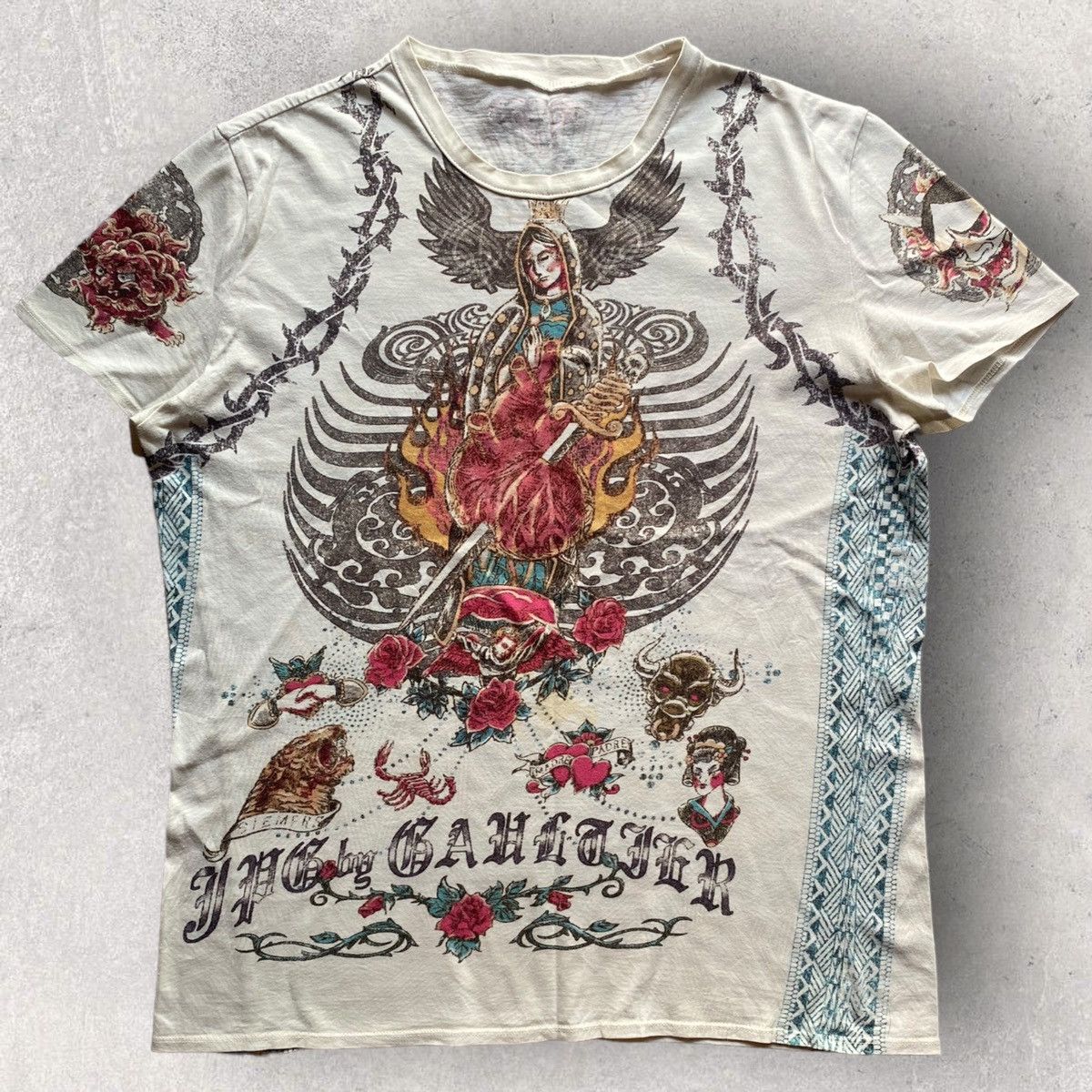 image of Jean Paul Gaultier Ss07 Jesus And Mary Tattoo T Shirt in White, Men's (Size Medium)