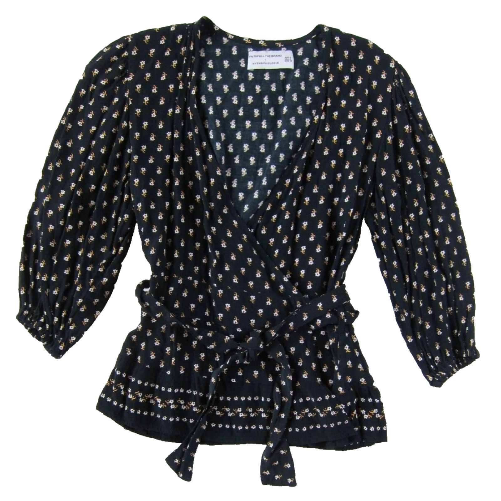 Vintage Faithfull The Brand Anthropologie Black Floral Rayon 3/4 Sleeve Wrap Blouse 2 Size XS / US 0-2 / IT 36-38 - 5 Thumbnail