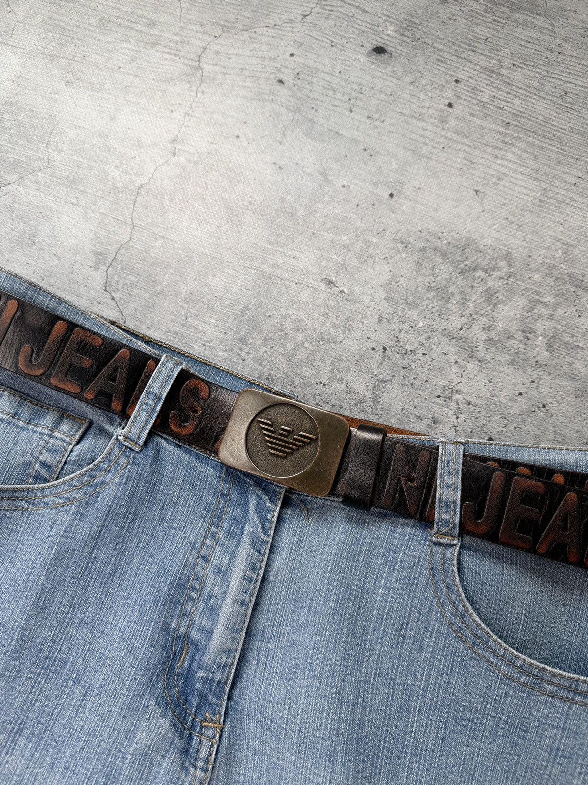 Armani Armani Jeans Retro Brown Leather Belt metal details Logo Y2K Size ONE SIZE - 2 Thumbnail
