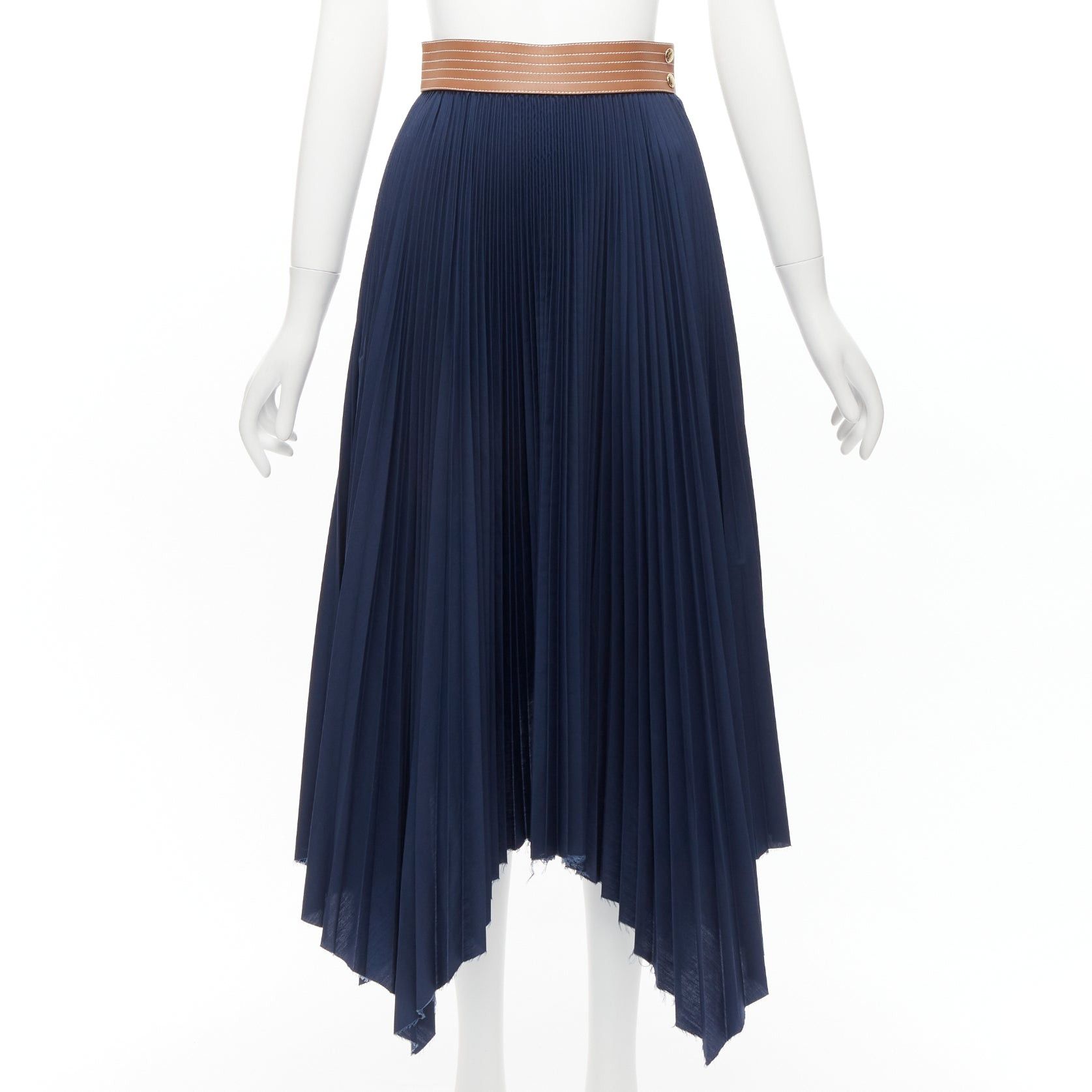 Loewe LOEWE brown cowhide leather white topstitched belt navy pleated midi skirt FR34 XS Size 26" / US 2 / IT 38 - 1 Thumbnail