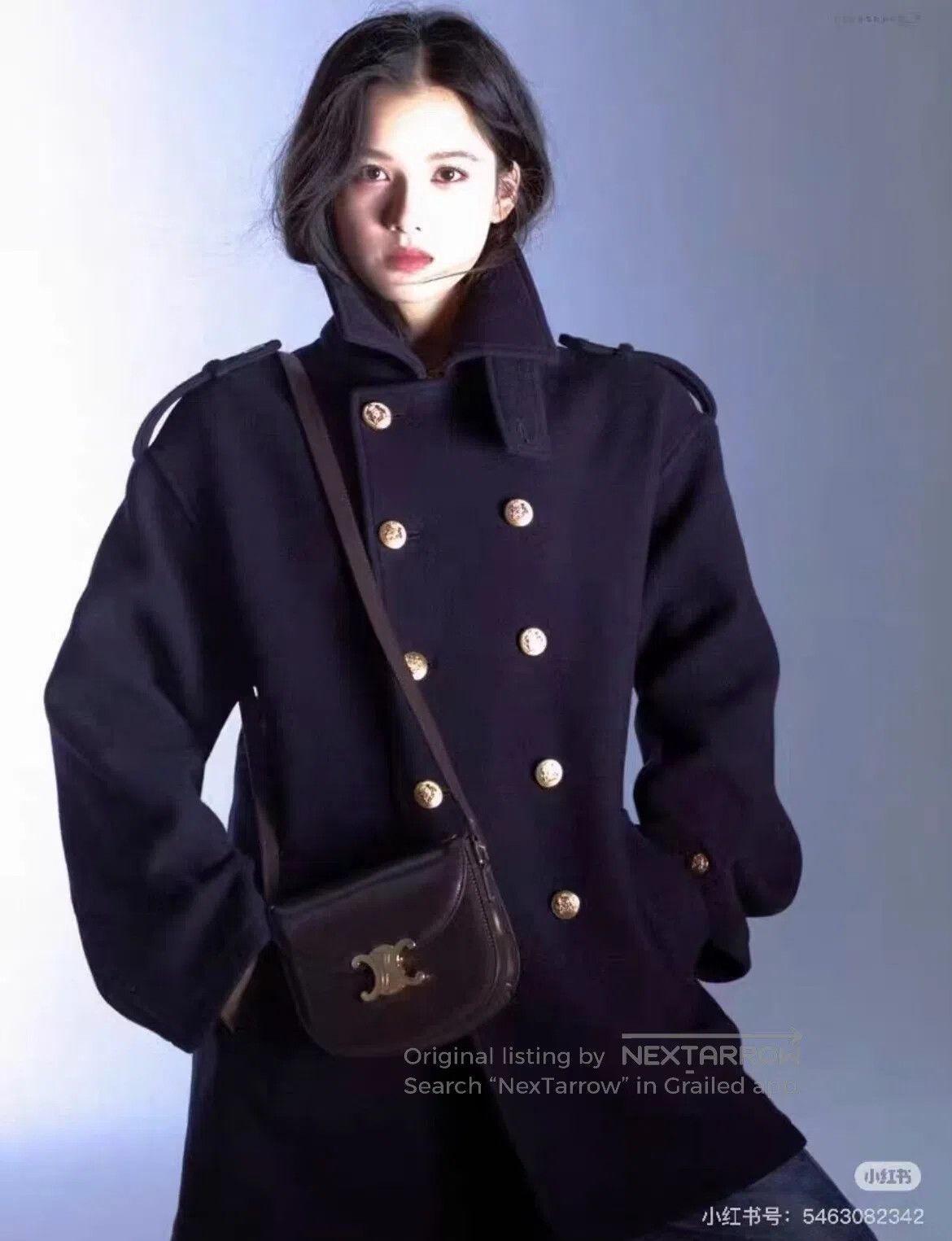 Celine CELINE SIZE 34 Gold-embossed Navy Blue Wool Coat| Size S / US 4 / IT 40 - 2 Thumbnail